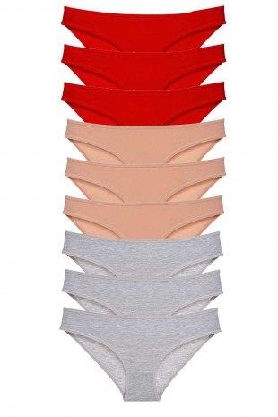 9 adet Süper Eko Set Likralı Kadın Slip Külot Kırmızı Ten Gri