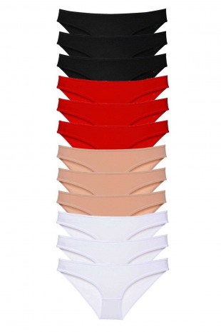 12 adet Süper Eko Set Likralı Kadın Slip Külot Siyah Kırmızı Ten Beyaz