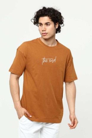 Kahve The End Nakış 3 Boyut Baskılı Erkek Oversize T-Shirt