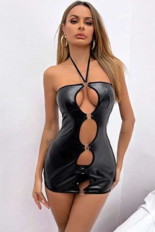 Kadın Fantezi Deri Kostüm Harness Erotik Kıyafet D21017 Siyah