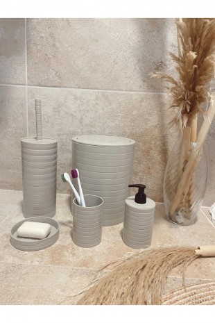 Banyo Seti 5'li Krem Çöp Kovası Wc Fırçalık Sıvı Sabunluk Katı Sabunluk