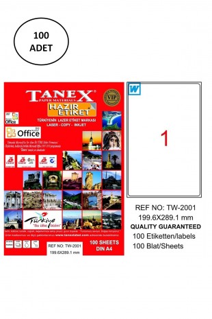 Tanex Tw-2001 Lazer Etiket 199X289 Mm 100 Adet