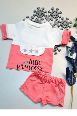 Yazlık Mini Şort Kısa Kol Kız Bebek Takım Little Princess Fuşya