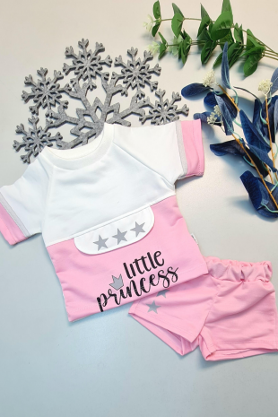 Yazlık Mini Şort Kısa Kol Kız Bebek Takım Little Princess Pembe