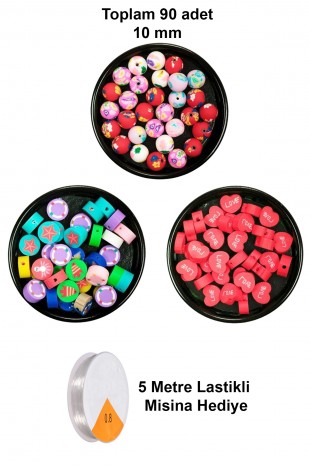 90 Adet 10 mm Polimer Kil Fimo Boncuk Takı Bileklik + 5 Metre Misina Hediye - Deniz - Kalp - Yuvarlak