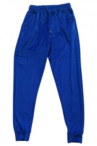 Parlak Kadife Cepli Pantolon Eşofman Pijama Altı Büyük Beden Unisex Lastikli Paça Mavi