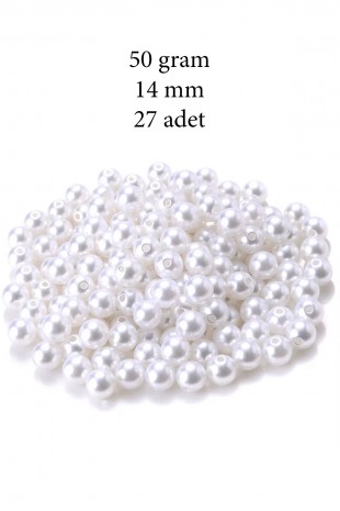 50 gram 14mm Beyaz Renk Plastik İnci Boncuk Çanta ve Takı Yapım Boncuğu (~27 adet)