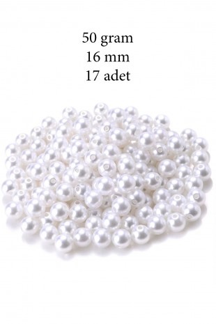 50 gram 16mm Beyaz Renk Plastik İnci Boncuk Çanta ve Takı Yapım Boncuğu (~17 adet)