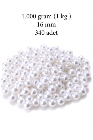 1.000 gram (1 kg.) 16mm Beyaz Renk Plastik İnci Boncuk Çanta ve Takı Yapım Boncuğu (~340 adet)