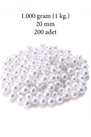 1.000 gram (1 kg.) 20mm Beyaz Renk Plastik İnci Boncuk Çanta ve Takı Yapım Boncuğu (~200 adet)