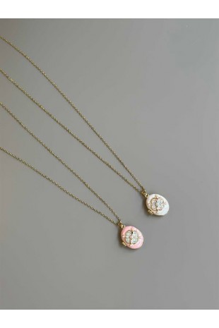 İncili Etnik Desen Kapaklı Kolye - Pembe İncili Etnik Desen Kapaklı Kolye - Pembe