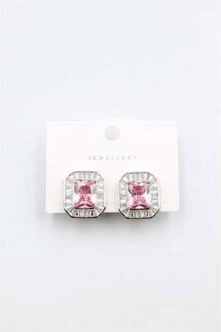 Kare Taşlı Küpe - Pembe Kare Taşlı Küpe - Pembe