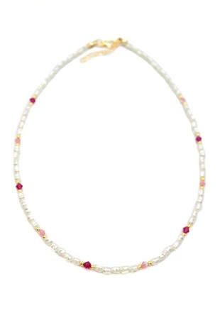 Renkli Boncuklu İnci Kolye - Fuşya