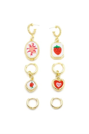 3'lü Çilek Set Küpe - Altın
