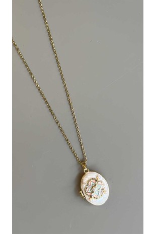 İncili Etnik Desen Kapaklı Kolye - Beyaz