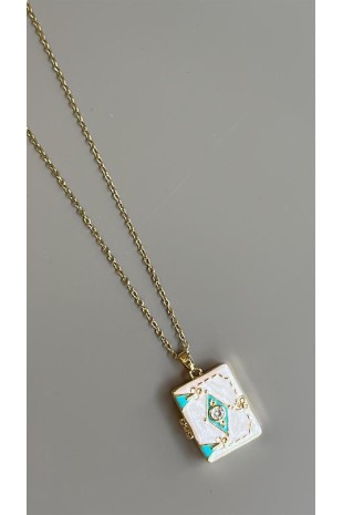 Etnik Desen Kapaklı Kolye - Beyaz