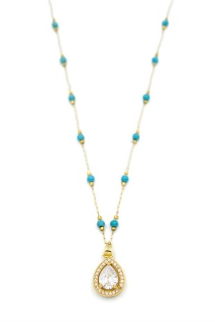 Turkuaz Boncuklu Kolye - Altın