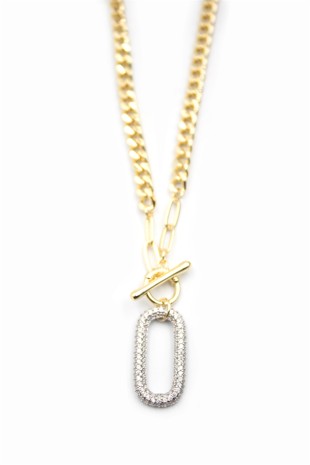 Taşlı Zincir Kolye - Altın