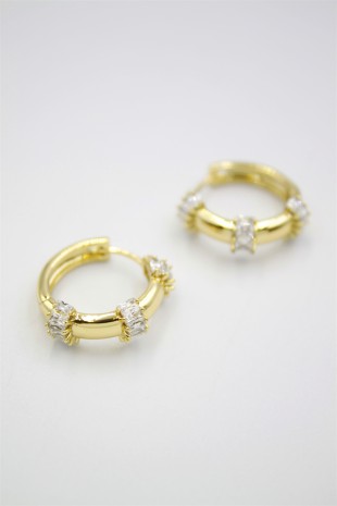 Taşlı Halka Küpe - 14K Altın