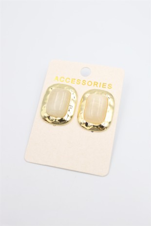 Taşlı Metal Küpe - Krem Taşlı Metal Küpe - Krem