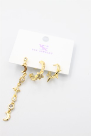 3'lü Ay Yıldız Küpe - Altın
