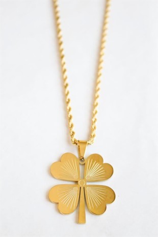 Çelik Yonca Kolye - Altın