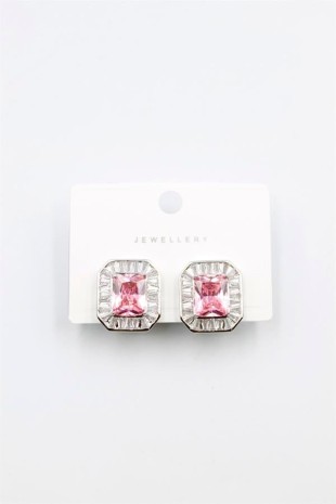 Kare Taşlı Küpe - Pembe Kare Taşlı Küpe - Pembe