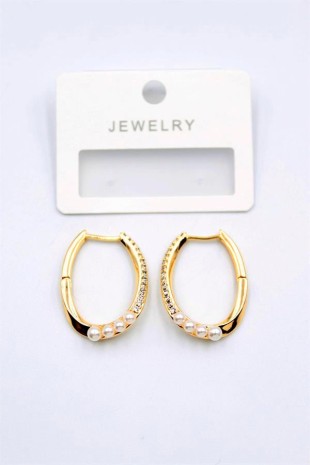 İncili Taşlı Halka Küpe - Altın