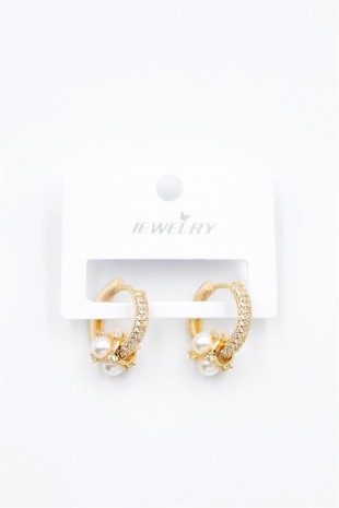 İncili Taşlı Halka Küpe - Altın