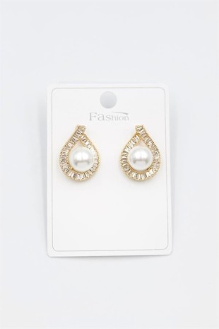 İncili Baget Taşlı Küpe - Altın