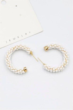 Kristal Boncuk Halka Küpe - Beyaz